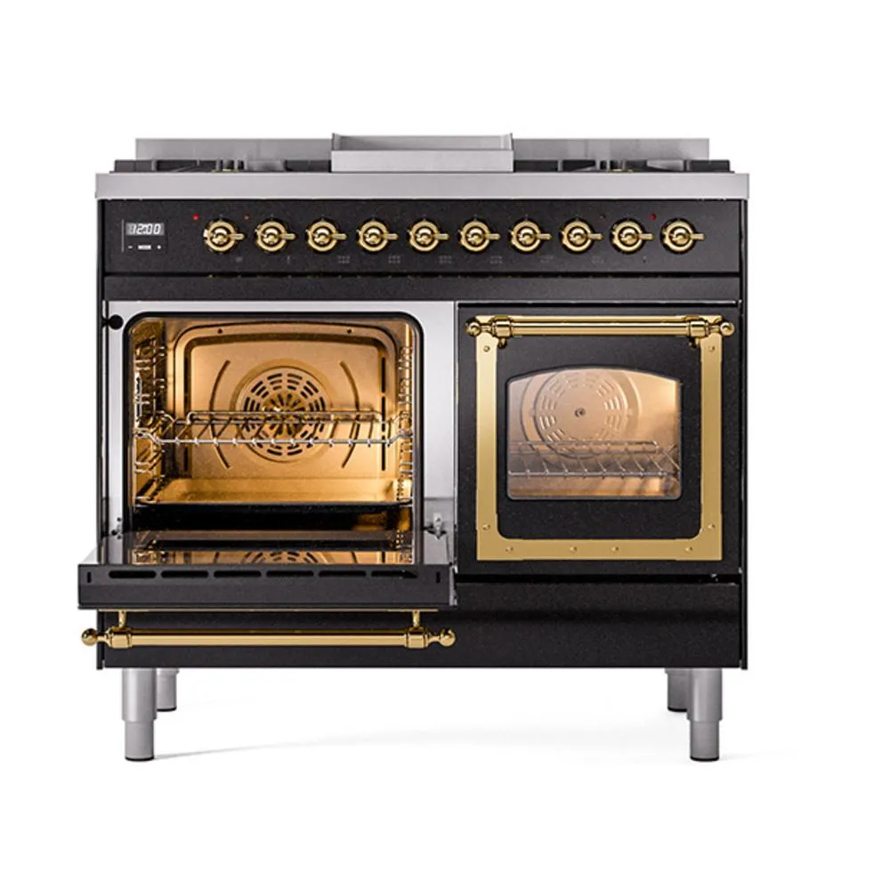 Ilve UND40FNMPBKGLP Ilve Und40Fnmpbkglp Nostalgie Ii Noblesse 40" Dual Fuel Range (Liquid Propane, Triple Glass Door, Glossy Black, Brass)