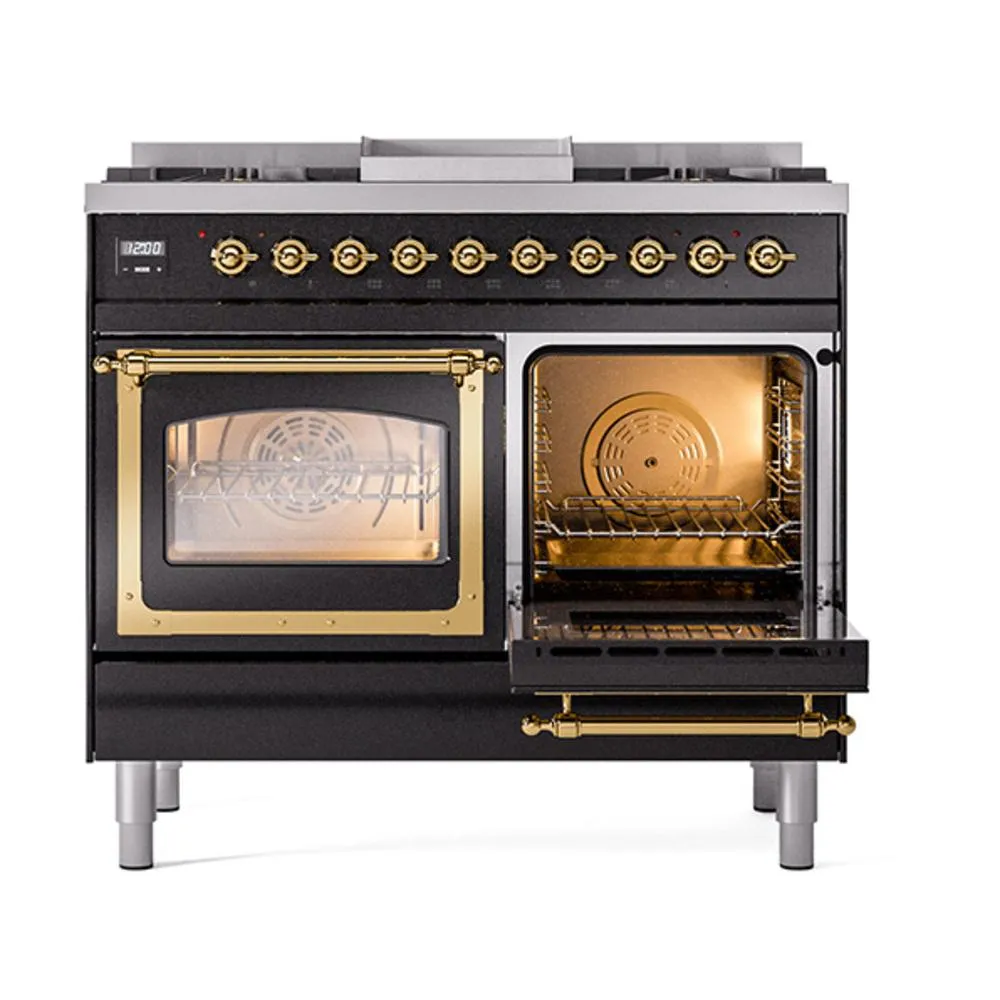 Ilve UND40FNMPBKGLP Ilve Und40Fnmpbkglp Nostalgie Ii Noblesse 40" Dual Fuel Range (Liquid Propane, Triple Glass Door, Glossy Black, Brass)