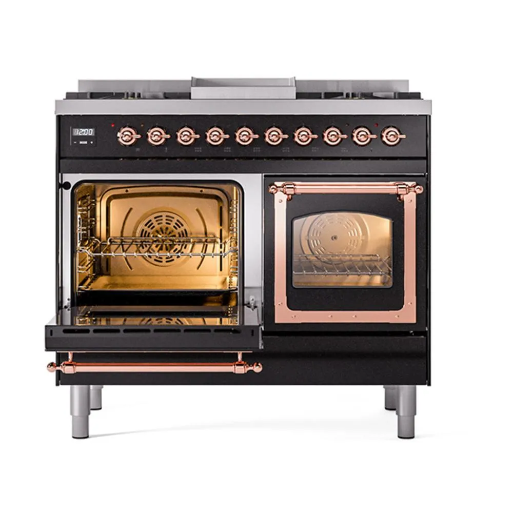 Ilve UND40FNMPBKP Ilve Und40Fnmpbkp Nostalgie Ii Noblesse 40" Dual Fuel Range (Natural Gas, Triple Glass Door, Glossy Black, Copper)