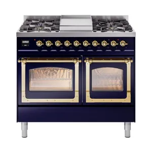 Ilve UND40FNMPMBG Ilve Und40Fnmpmbg Nostalgie Ii Noblesse 40" Dual Fuel Range (Natural Gas, Triple Glass Door, Midnight Blue, Brass)