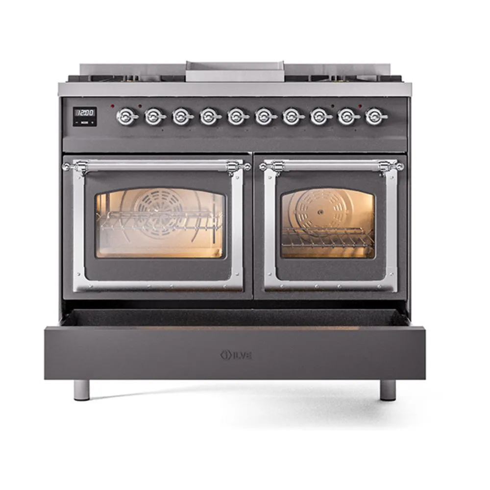 Ilve UND40FNMPMGC Ilve Und40Fnmpmgc Nostalgie Ii Noblesse 40" Dual Fuel Range (Natural Gas, Triple Glass Door, Graphite Matte, Chrome)