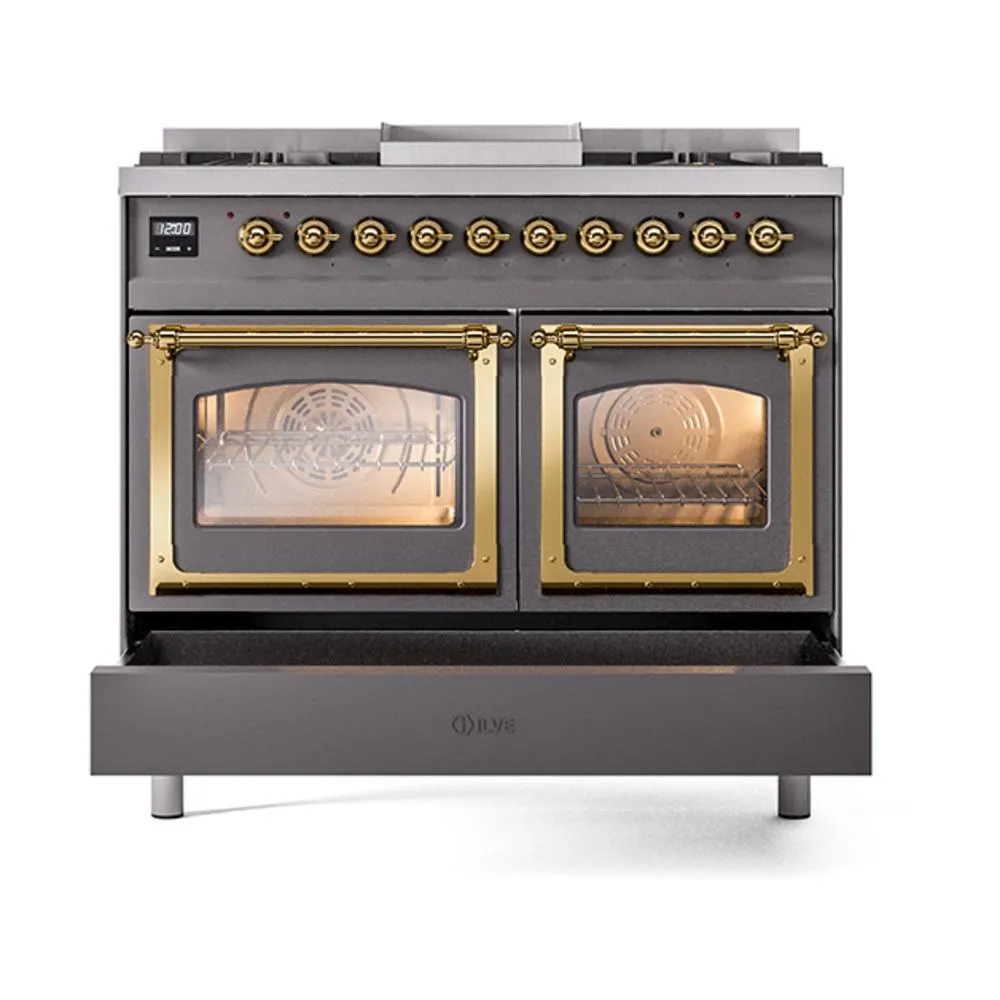 Ilve UND40FNMPMGGLP Ilve Und40Fnmpmgglp Nostalgie Ii Noblesse 40" Dual Fuel Range (Liquid Propane, Triple Glass Door, Graphite Matte, Brass)