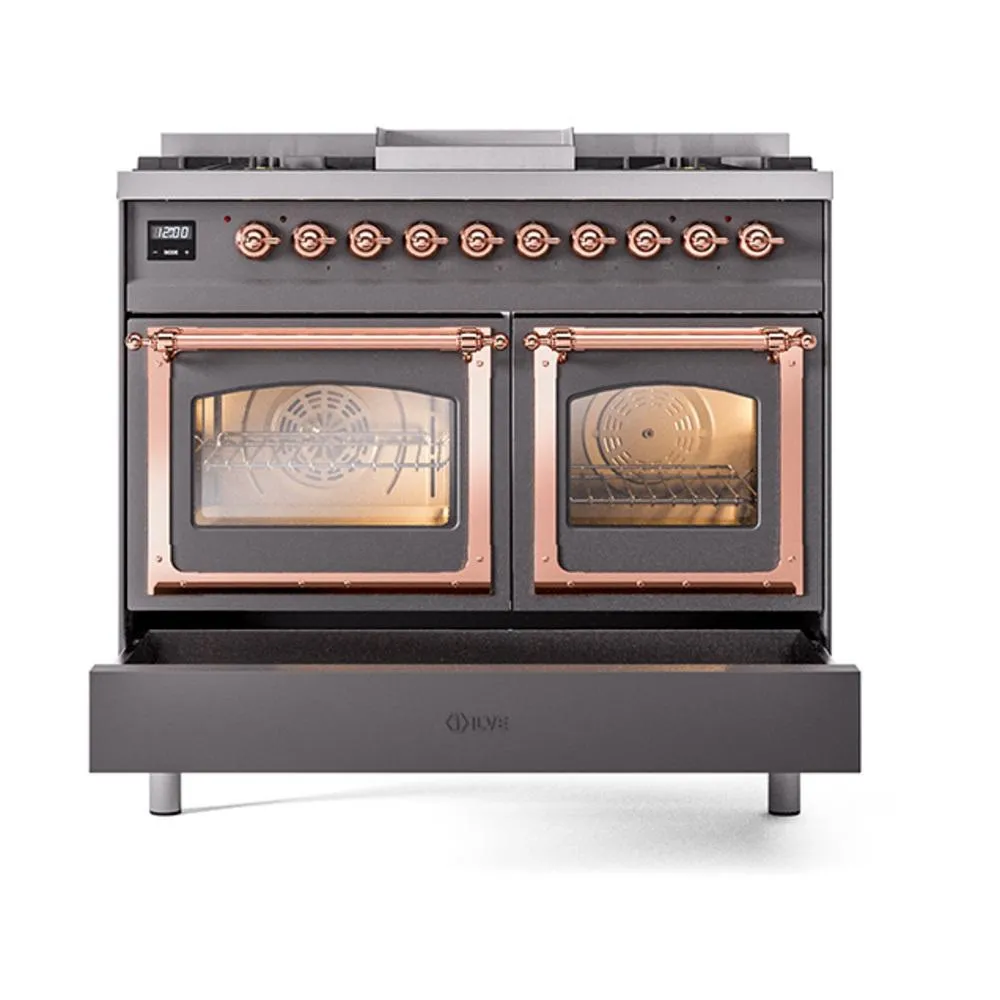 Ilve UND40FNMPMGP Ilve Und40Fnmpmgp Nostalgie Ii Noblesse 40" Dual Fuel Range (Natural Gas, Triple Glass Door, Graphite Matte, Copper)