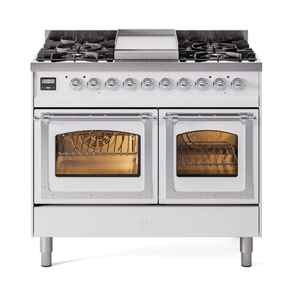 Ilve UND40FNMPWHCLP Ilve Und40Fnmpwhclp Nostalgie Ii Noblesse 40" Dual Fuel Range (Liquid Propane, Triple Glass Door, White, Chrome)
