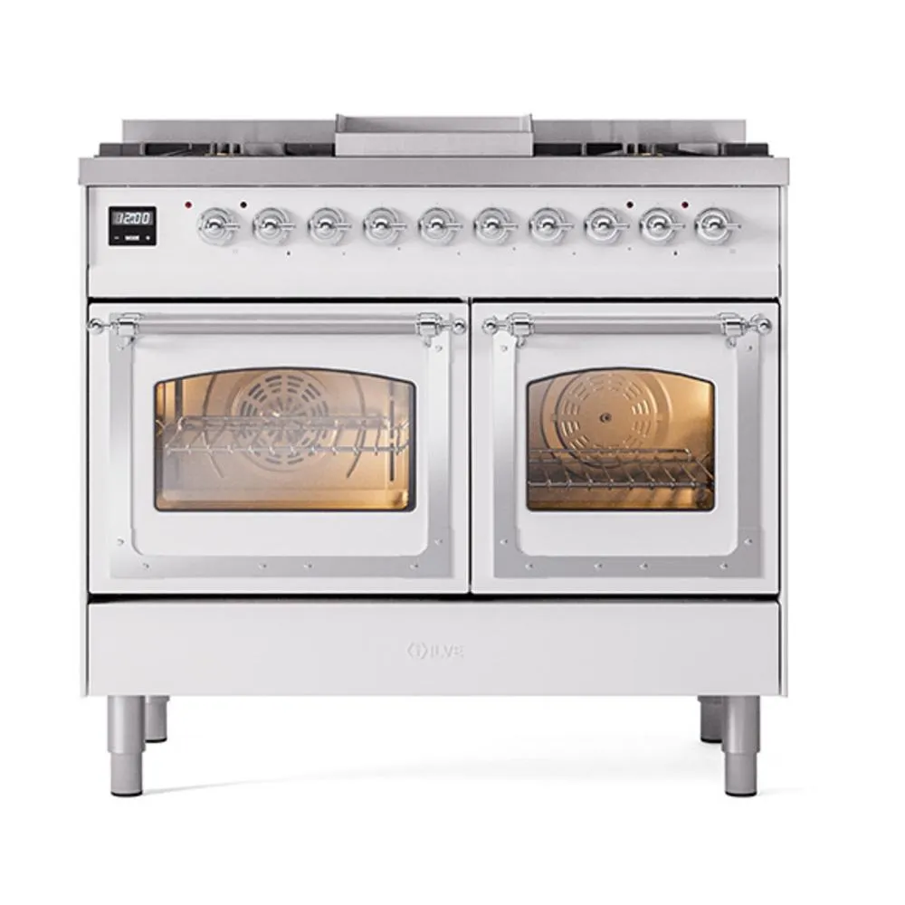 Ilve UND40FNMPWHCLP Ilve Und40Fnmpwhclp Nostalgie Ii Noblesse 40" Dual Fuel Range (Liquid Propane, Triple Glass Door, White, Chrome)