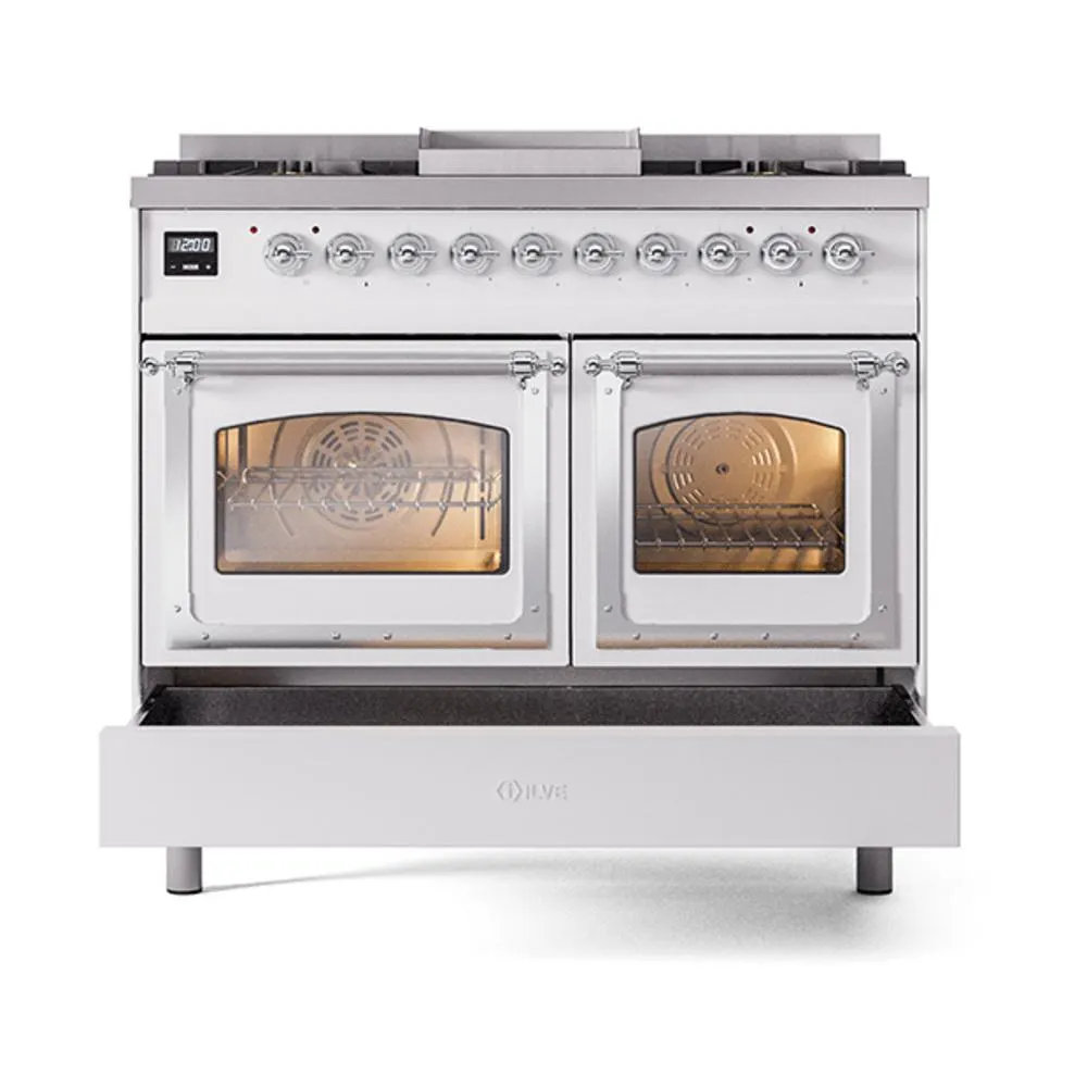 Ilve UND40FNMPWHCLP Ilve Und40Fnmpwhclp Nostalgie Ii Noblesse 40" Dual Fuel Range (Liquid Propane, Triple Glass Door, White, Chrome)
