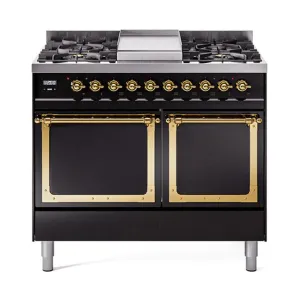 Ilve UND40FQNMPBKG Ilve Und40Fqnmpbkg Nostalgie Ii Noblesse 40" Dual Fuel Range (Natural Gas, Solid Door, Glossy Black, Brass)