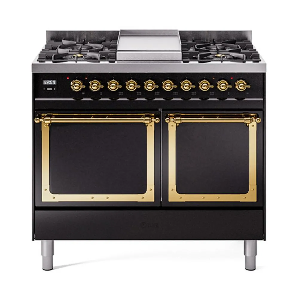 Ilve UND40FQNMPBKG Ilve Und40Fqnmpbkg Nostalgie Ii Noblesse 40" Dual Fuel Range (Natural Gas, Solid Door, Glossy Black, Brass)