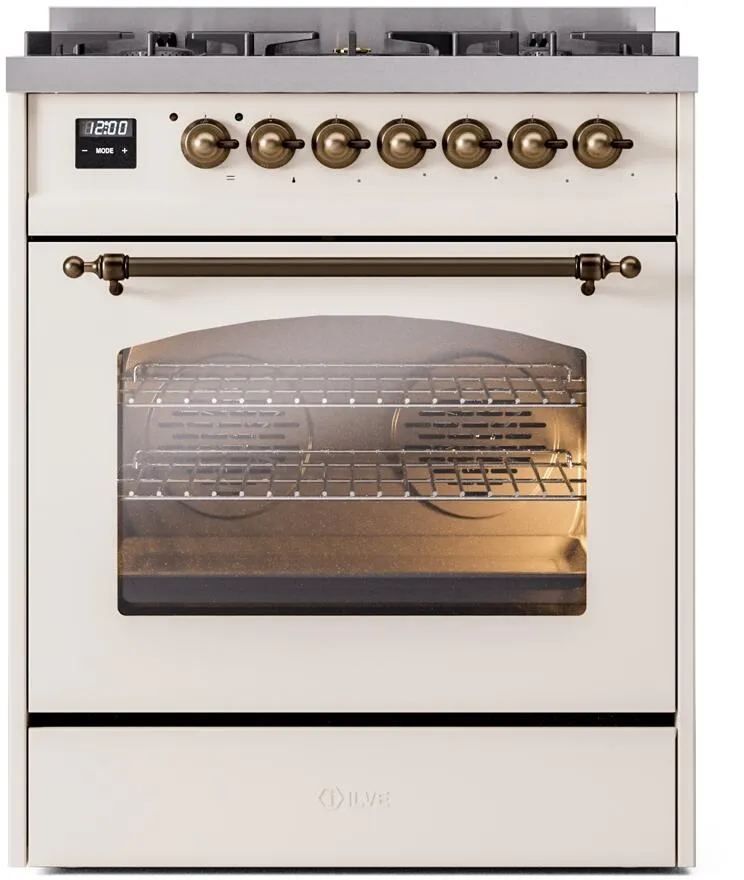 Ilve UP30NMPAWBLP Nostalgie Ii 30 Inch Dual Fuel Liquid Propane Freestanding Range In Antique White With Bronze Trim