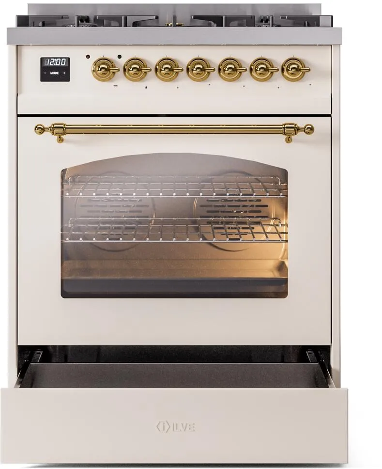 Ilve UP30NMPAWG Nostalgie Ii 30 Inch Dual Fuel Natural Gas Freestanding Range In Antique White With Brass Trim