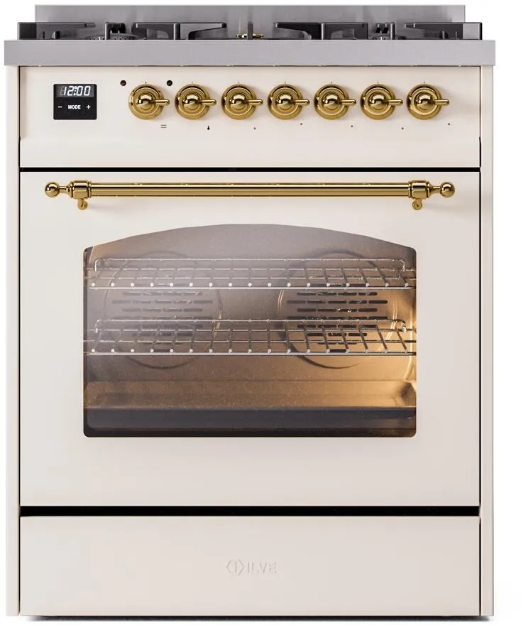 Ilve UP30NMPAWG Nostalgie Ii 30 Inch Dual Fuel Natural Gas Freestanding Range In Antique White With Brass Trim