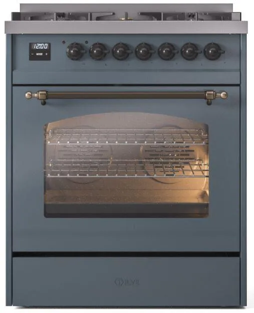 Ilve UP30NMPBGBLP Nostalgie Ii 30 Inch Dual Fuel Liquid Propane Freestanding Range In Blue Grey With Bronze Trim