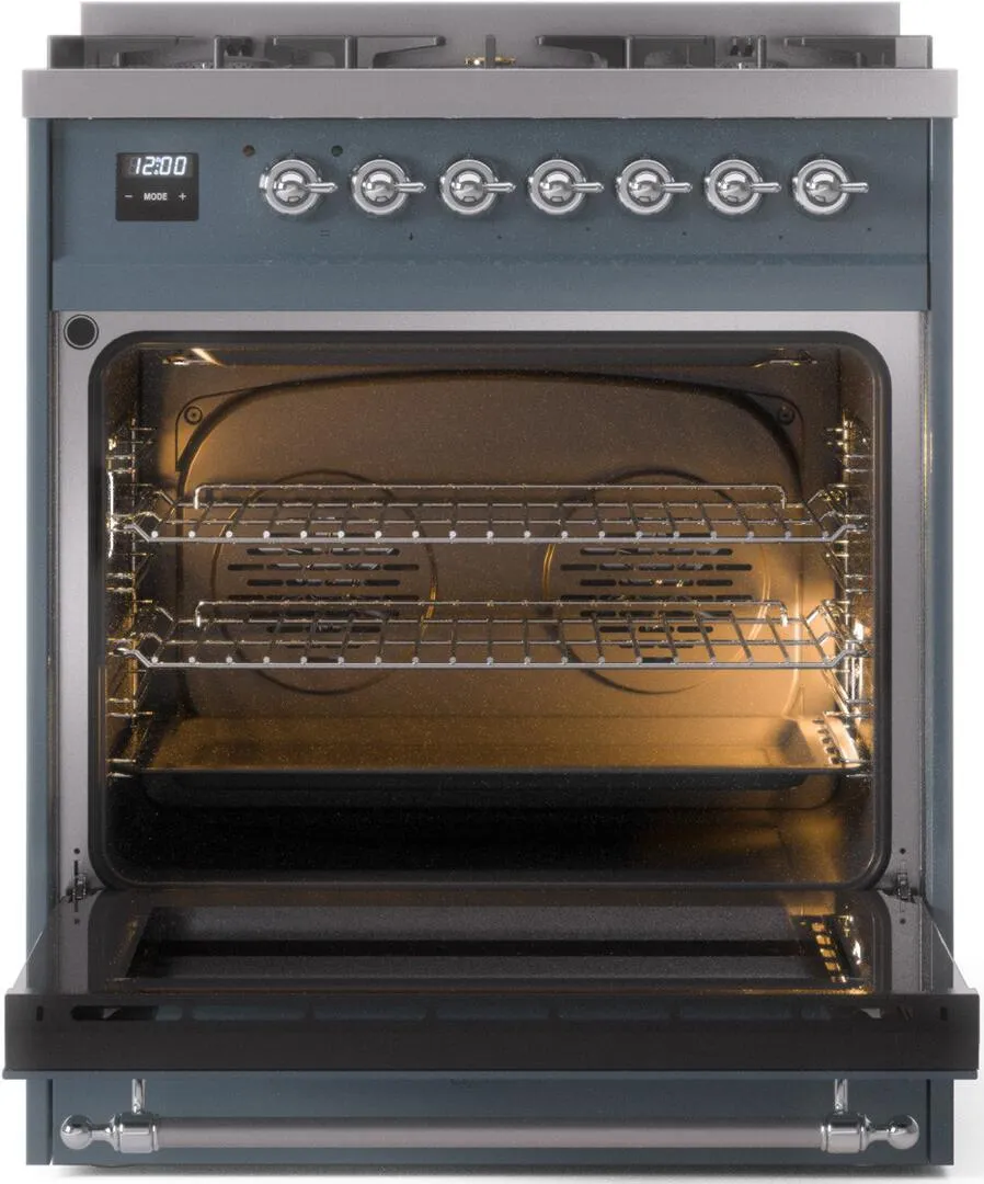 Ilve UP30NMPBGCLP Nostalgie Ii 30 Inch Dual Fuel Liquid Propane Freestanding Range In Blue Grey With Chrome Trim