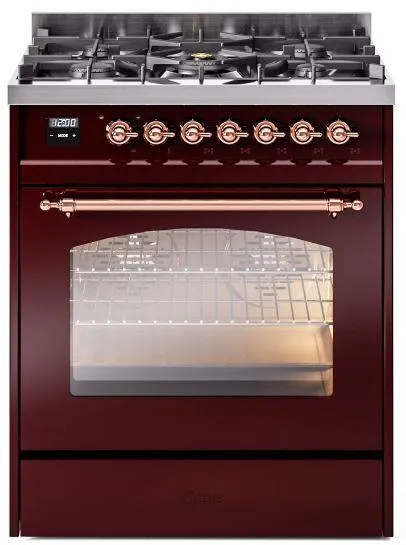 Ilve UP30NMPBUP Nostalgie Ii 30 Inch Dual Fuel Natural Gas Freestanding Range In Burgundy With Copper Trim