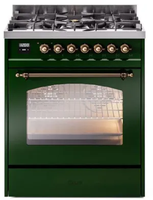Ilve UP30NMPEGB Nostalgie Ii 30 Inch Dual Fuel Natural Gas Freestanding Range In Emerald Green With Bronze Trim