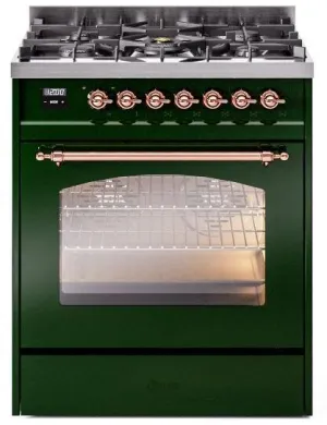 Ilve UP30NMPEGPLP Nostalgie Ii 30 Inch Dual Fuel Liquid Propane Freestanding Range In Emerald Green With Copper Trim