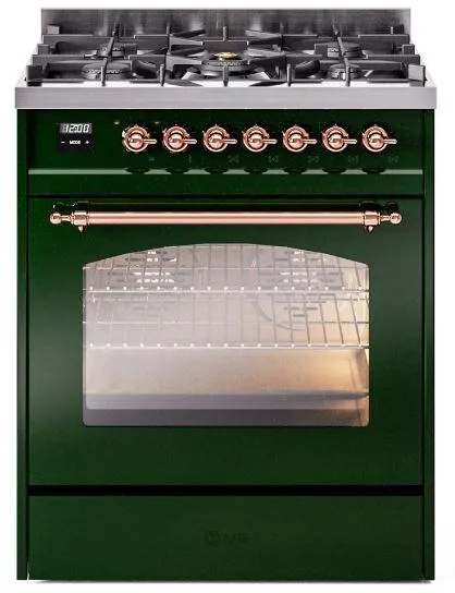 Ilve UP30NMPEGPLP Nostalgie Ii 30 Inch Dual Fuel Liquid Propane Freestanding Range In Emerald Green With Copper Trim