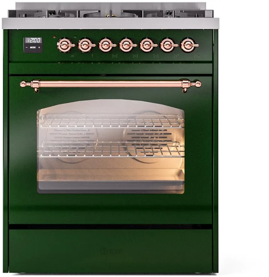 Ilve UP30NMPEGPLP Nostalgie Ii 30 Inch Dual Fuel Liquid Propane Freestanding Range In Emerald Green With Copper Trim