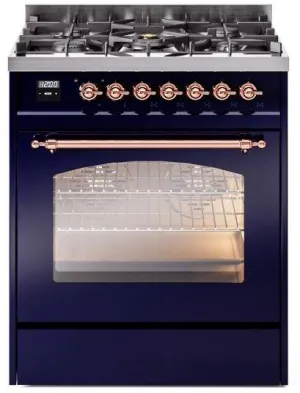 Ilve UP30NMPMBP Nostalgie Ii 30 Inch Dual Fuel Natural Gas Freestanding Range In Blue With Copper Trim