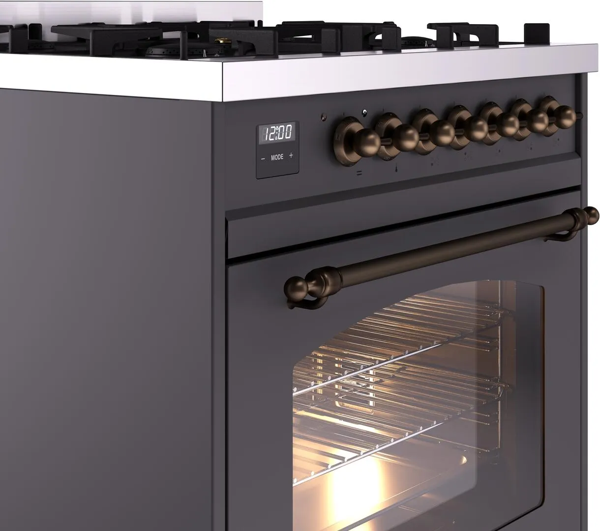 Ilve UP30NMPMGB Nostalgie Ii 30 Inch Dual Fuel Natural Gas Freestanding Range In Matte Graphite With Bronze Trim