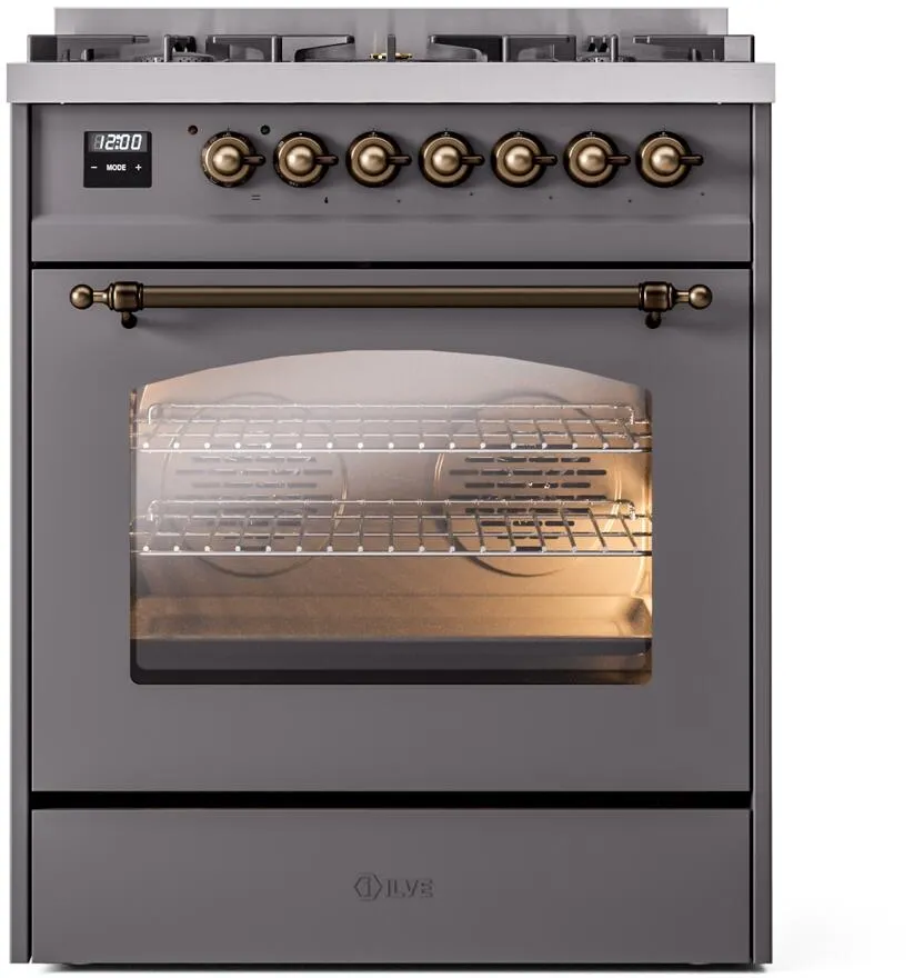 Ilve UP30NMPMGB Nostalgie Ii 30 Inch Dual Fuel Natural Gas Freestanding Range In Matte Graphite With Bronze Trim