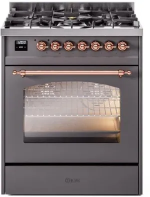 Ilve UP30NMPMGP Nostalgie Ii 30 Inch Dual Fuel Natural Gas Freestanding Range In Matte Graphite With Copper Trim