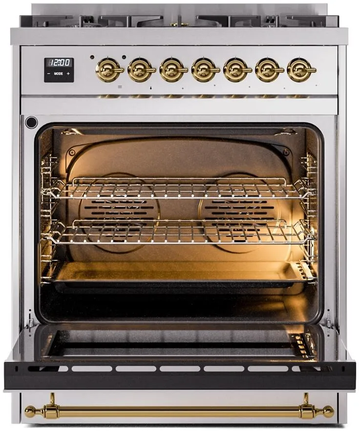 Ilve UP30NMPSSG Nostalgie Ii 30 Inch Dual Fuel Natural Gas Freestanding Range In Stainless Steel With Brass Trim