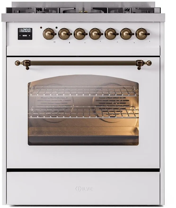 Ilve UP30NMPWHB Nostalgie Ii 30 Inch Dual Fuel Natural Gas Freestanding Range In White With Bronze Trim