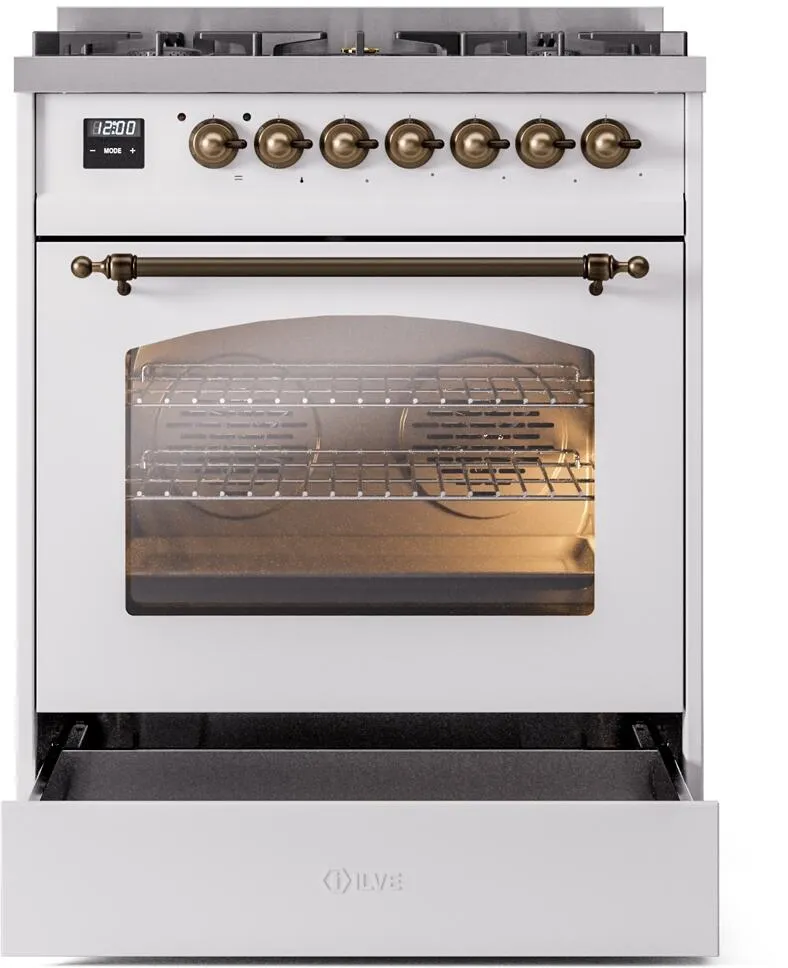 Ilve UP30NMPWHBLP Nostalgie Ii 30 Inch Dual Fuel Liquid Propane Freestanding Range In White With Bronze Trim