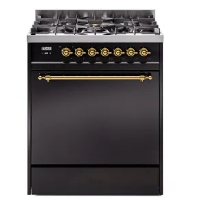 Ilve UP30QNMPBKGLP Nostalgie Ii 30 Inch Dual Fuel Liquid Propane Freestanding Range In Black With Brass Trim