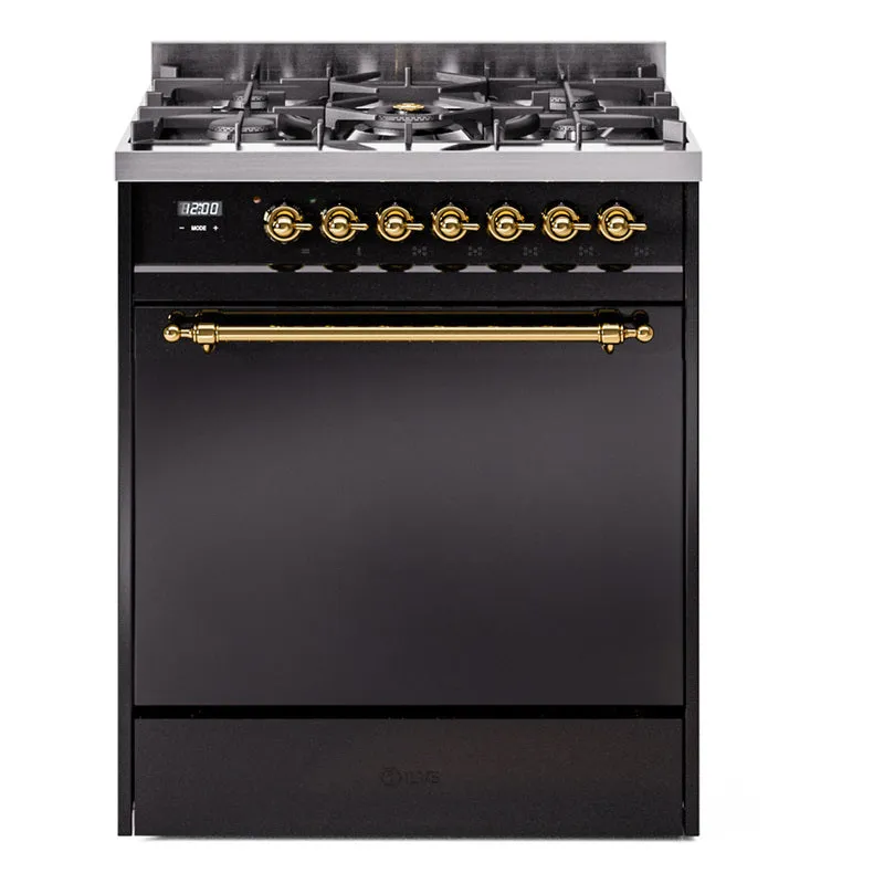 Ilve UP30QNMPBKGLP Nostalgie Ii 30 Inch Dual Fuel Liquid Propane Freestanding Range In Black With Brass Trim
