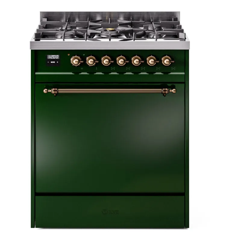 Ilve UP30QNMPEGB Nostalgie Ii 30 Inch Dual Fuel Natural Gas Freestanding Range In Emerald Green With Bronze Trim