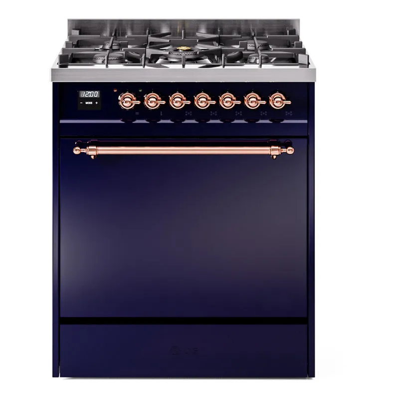Ilve UP30QNMPMBPLP Nostalgie Ii 30 Inch Dual Fuel Liquid Propane Freestanding Range In Blue With Copper Trim