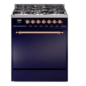 Ilve UP30QNMPMBPLP Nostalgie Ii 30 Inch Dual Fuel Liquid Propane Freestanding Range In Blue With Copper Trim