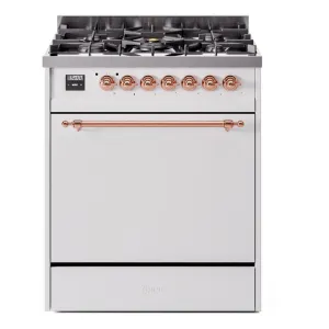 Ilve UP30QNMPWHP Nostalgie Ii 30 Inch Dual Fuel Natural Gas Freestanding Range In White With Copper Trim