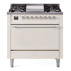 Ilve UP36FQNMPAWCLP Nostalgie Ii 36 Inch Dual Fuel Liquid Propane Freestanding Range In Antique White With Chrome Trim