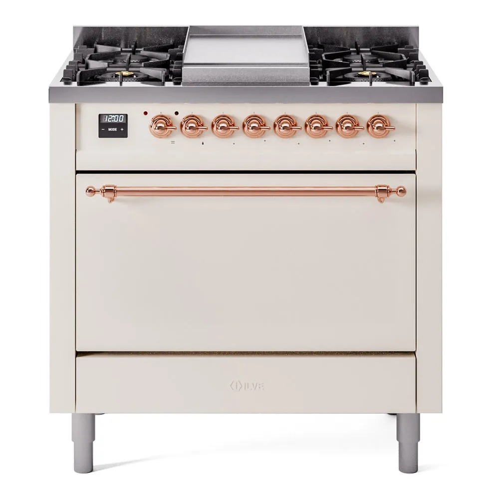 Ilve UP36FQNMPAWPLP Nostalgie Ii 36 Inch Dual Fuel Liquid Propane Freestanding Range In Antique White With Copper Trim