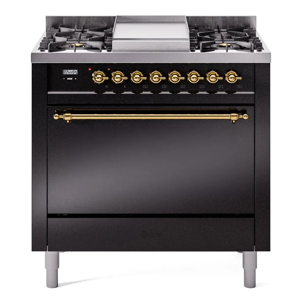 Ilve UP36FQNMPBKG Nostalgie Ii 36 Inch Dual Fuel Natural Gas Freestanding Range In Black With Brass Trim