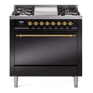 Ilve UP36FQNMPBKG Nostalgie Ii 36 Inch Dual Fuel Natural Gas Freestanding Range In Black With Brass Trim