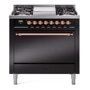 Ilve UP36FQNMPBKP Nostalgie Ii 36 Inch Dual Fuel Natural Gas Freestanding Range In Black With Copper Trim