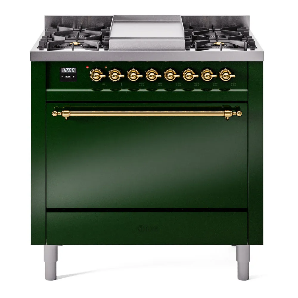 Ilve UP36FQNMPEGG Nostalgie Ii 36 Inch Dual Fuel Natural Gas Freestanding Range In Emerald Green With Brass Trim