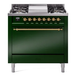 Ilve UP36FQNMPEGG Nostalgie Ii 36 Inch Dual Fuel Natural Gas Freestanding Range In Emerald Green With Brass Trim