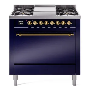 Ilve UP36FQNMPMBGLP Nostalgie Ii 36 Inch Dual Fuel Liquid Propane Freestanding Range In Blue With Brass Trim