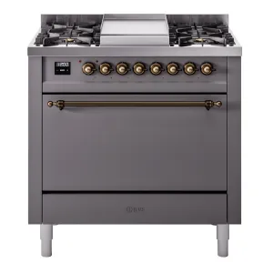 Ilve UP36FQNMPMGB Nostalgie Ii 36 Inch Dual Fuel Natural Gas Freestanding Range In Matte Graphite With Bronze Trim
