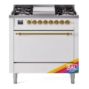 Ilve UP36FQNMPRAGLP Nostalgie Ii 36 Inch Dual Fuel Liquid Propane Freestanding Range In Ral Custom Color With Brass Trim