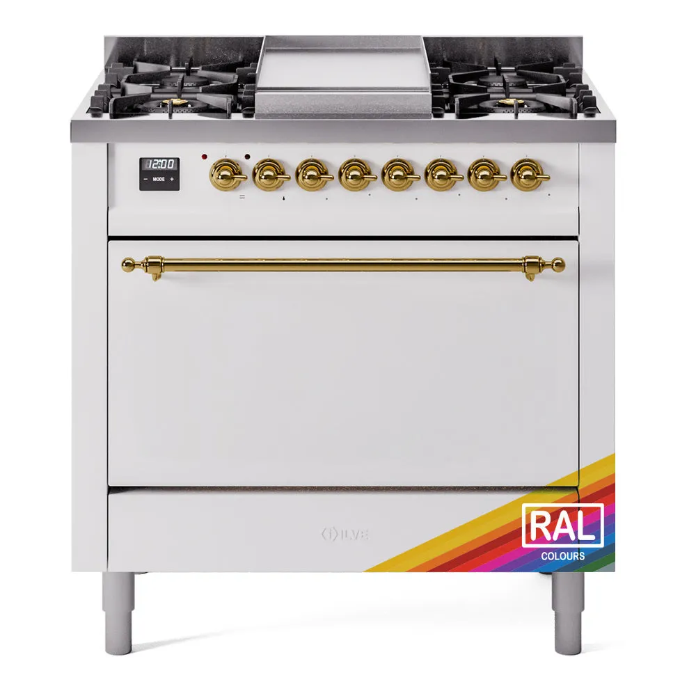 Ilve UP36FQNMPRAGLP Nostalgie Ii 36 Inch Dual Fuel Liquid Propane Freestanding Range In Ral Custom Color With Brass Trim