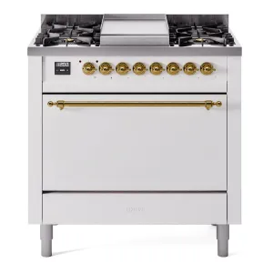 Ilve UP36FQNMPWHG Nostalgie Ii 36 Inch Dual Fuel Natural Gas Freestanding Range In White With Brass Trim