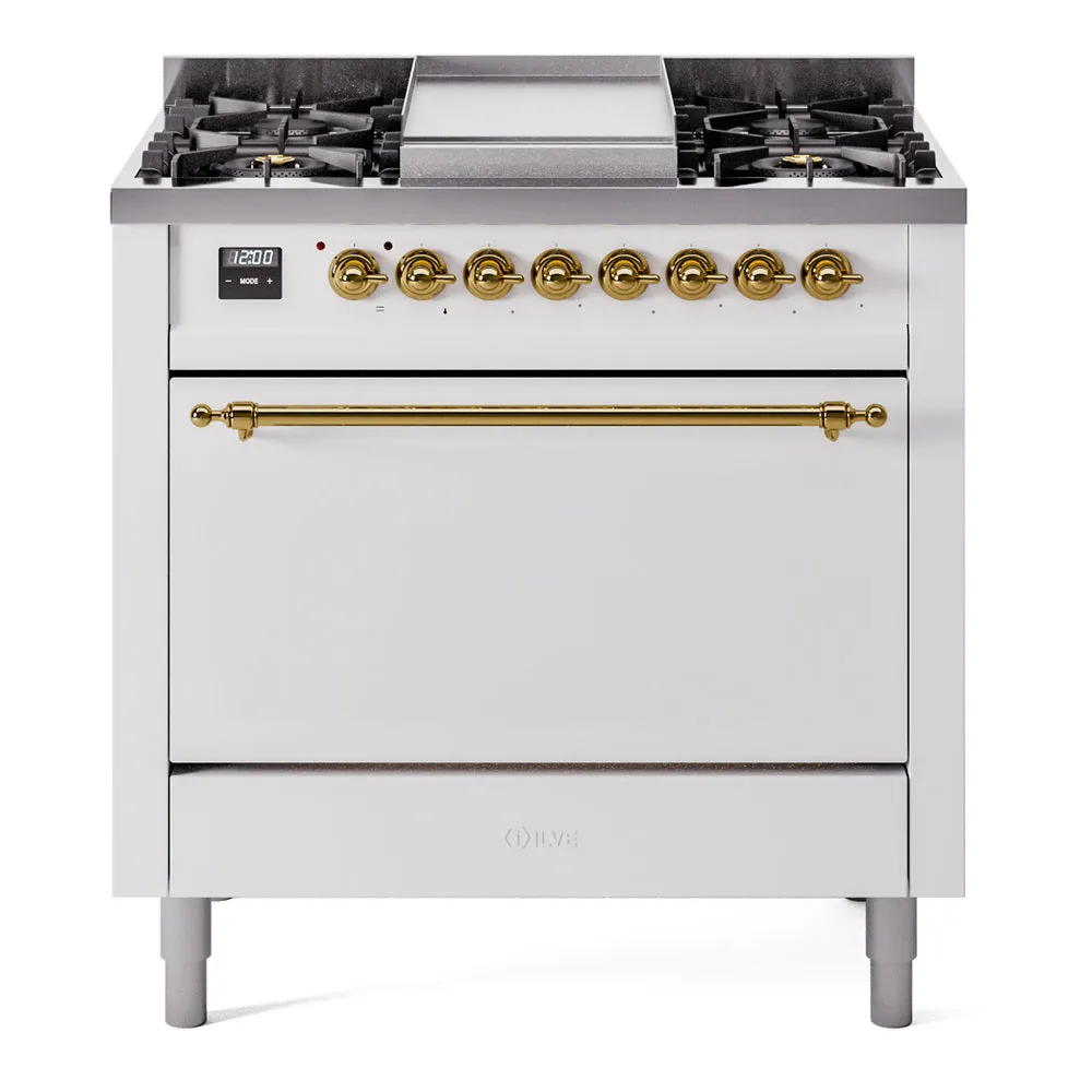 Ilve UP36FQNMPWHG Nostalgie Ii 36 Inch Dual Fuel Natural Gas Freestanding Range In White With Brass Trim