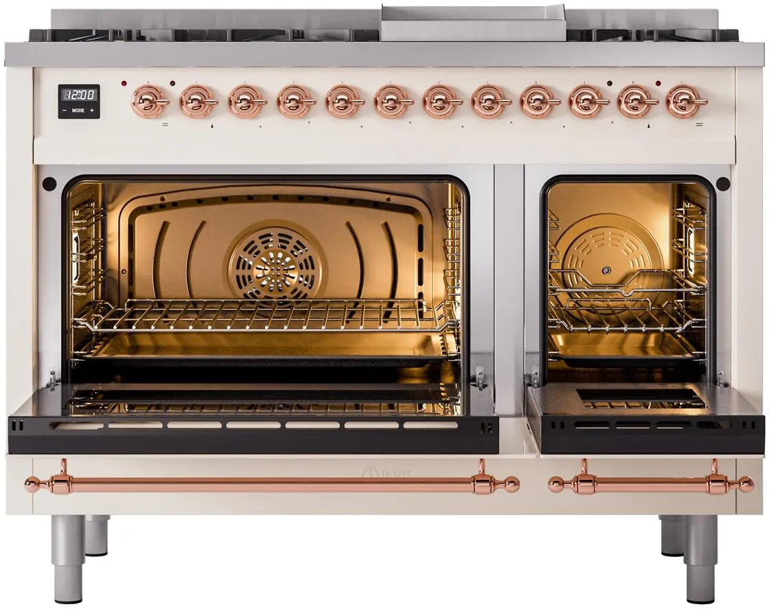 Ilve UP48FNMPAWPLP Nostalgie Ii 48 Inch Dual Fuel Liquid Propane Freestanding Range In Antique White With Copper Trim