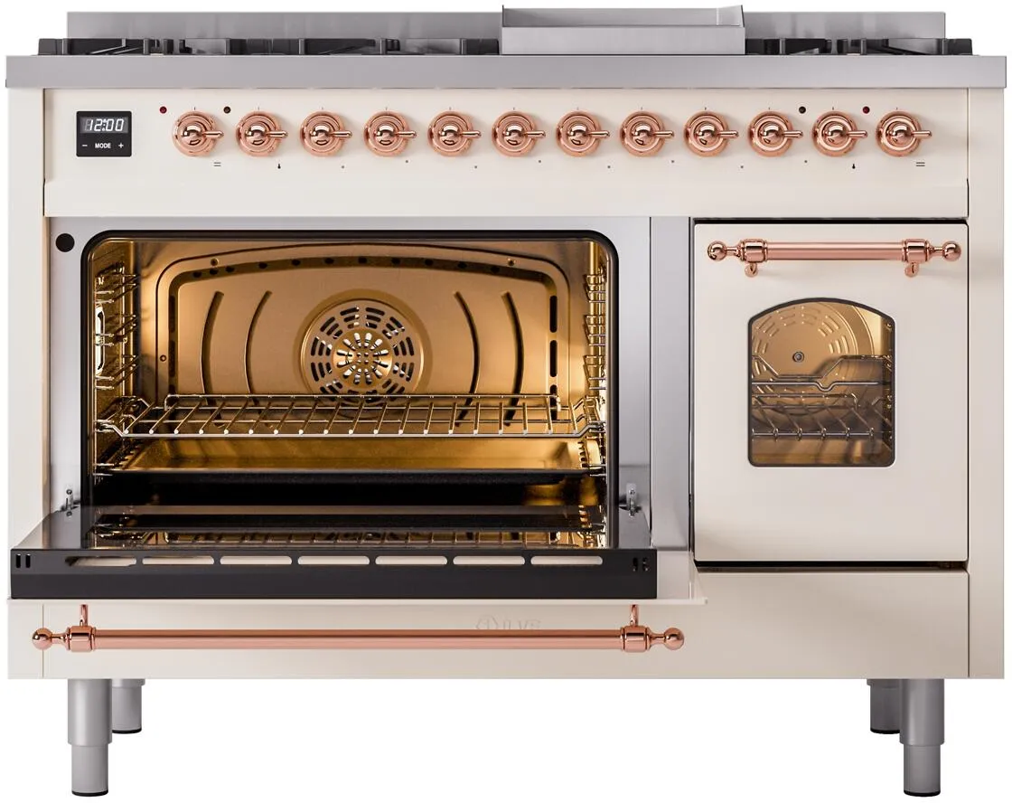 Ilve UP48FNMPAWPLP Nostalgie Ii 48 Inch Dual Fuel Liquid Propane Freestanding Range In Antique White With Copper Trim